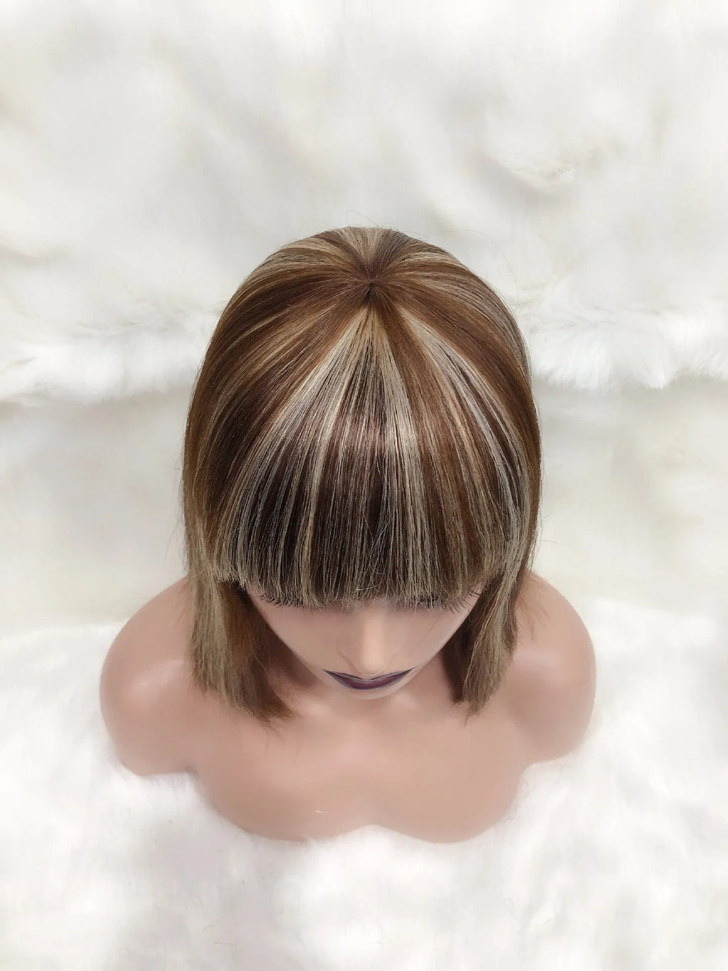 Full Mechanic 4 27 Bob human hair wig in brown with straight bangs and medium length