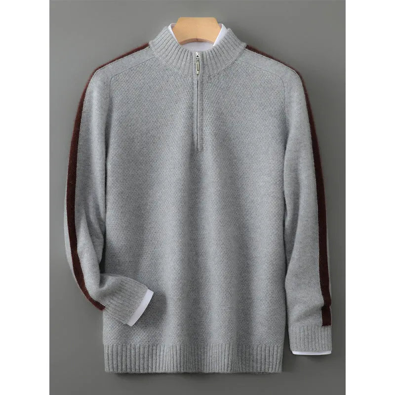 Slim-fit half-zip knitted sweater in sheep wool, shown in raw velvet camel colour