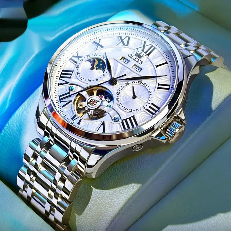 Automatic mechanical watch with double calendar, 11mm slim case, steel belt, black dial, business style