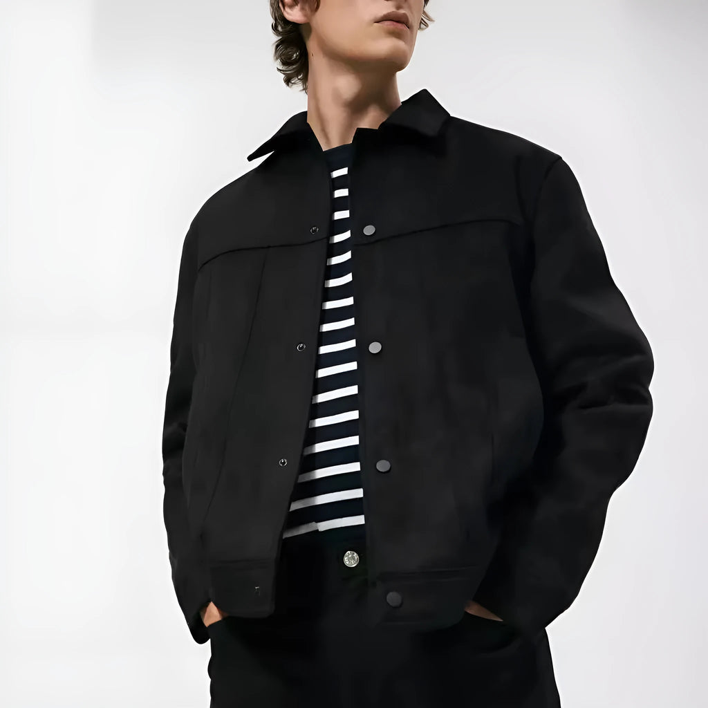 Black men's hooded jacket with a suede collar and side seam pockets