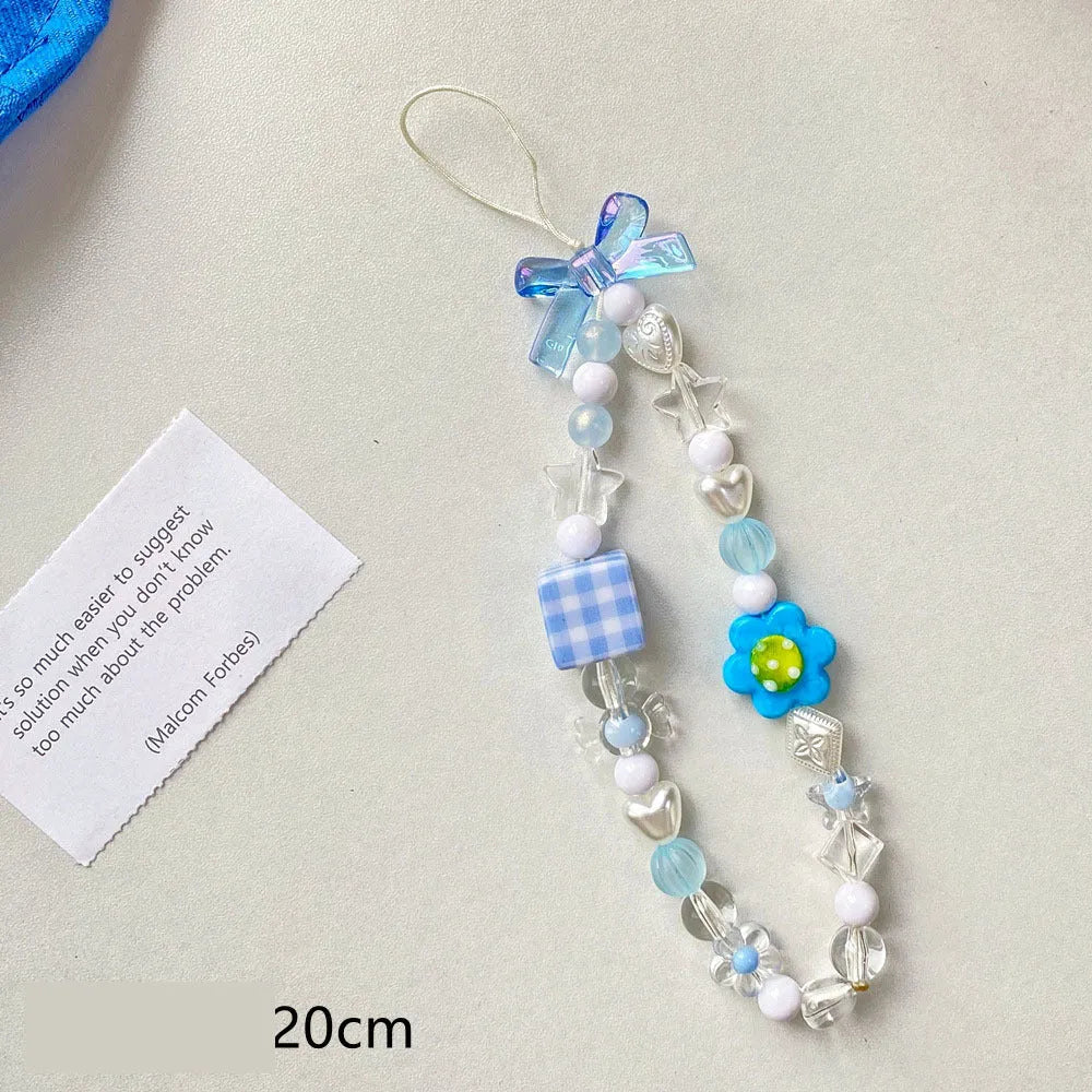 Beaded floral phone lanyard with colourful plastic resin beads on adjustable hand rope