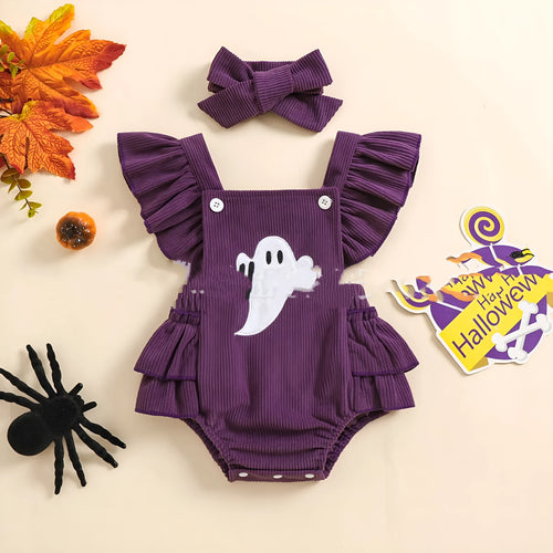 Purple linen cotton triangle baby jumpsuit with embroidery and headband for 70-100cm toddlers