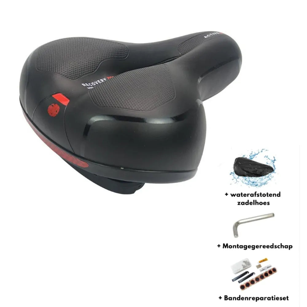 Bicycle saddle cushion with waterproof cover and installation tools including wrench and tyre patch kit