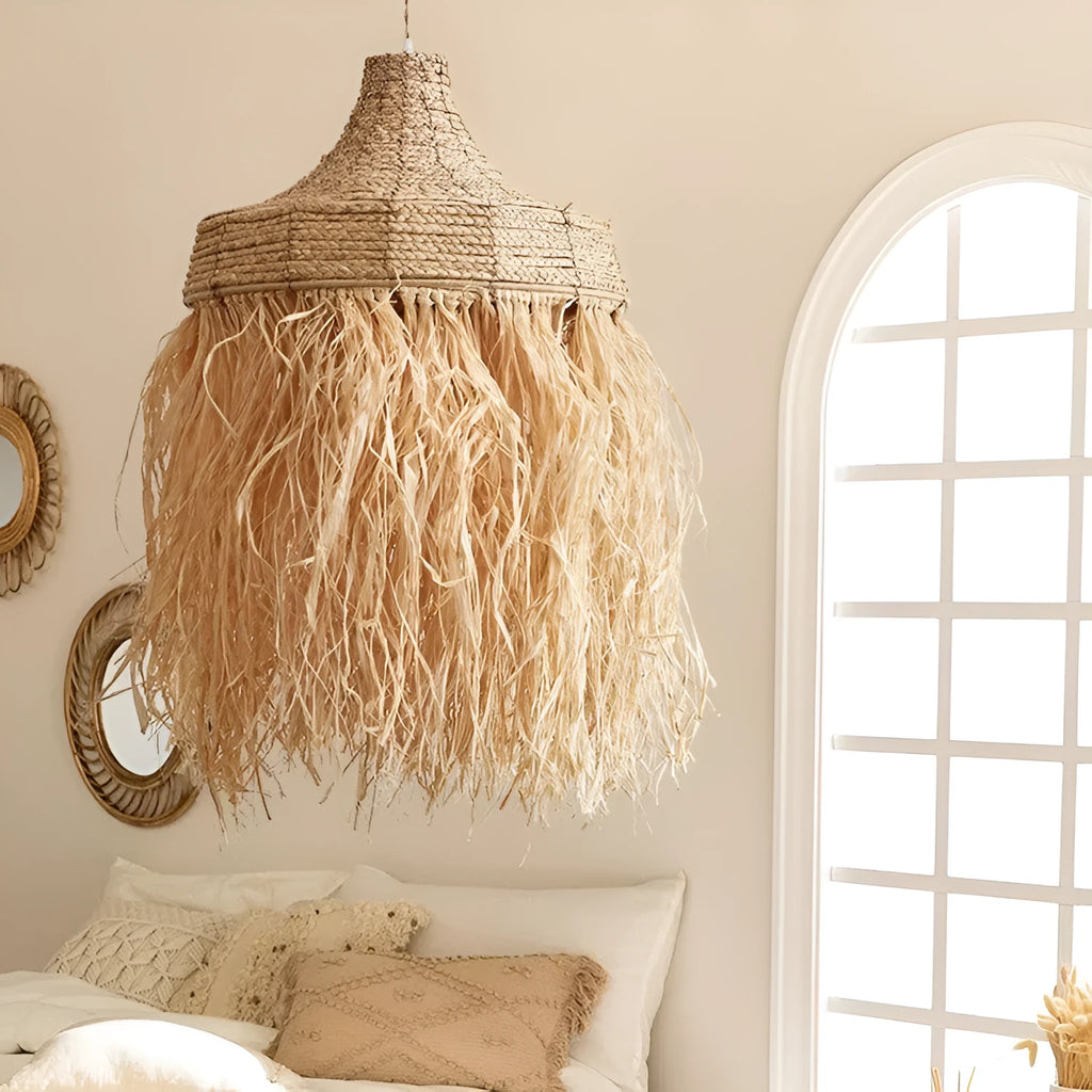 Retro restaurant chandelier with woven wild vetch and willow shade measuring 50cm diameter
