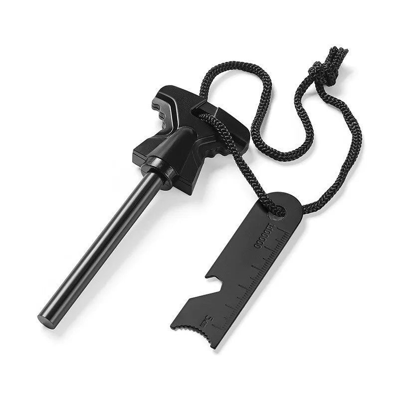 Butterfly-shaped stainless steel fire starter with bottle opener tool on orange background