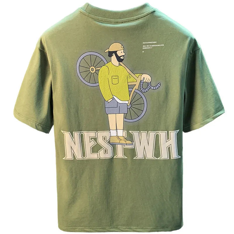 Men's green loose-fit short sleeve t-shirt with printed design on fabric, laid flat to show size.