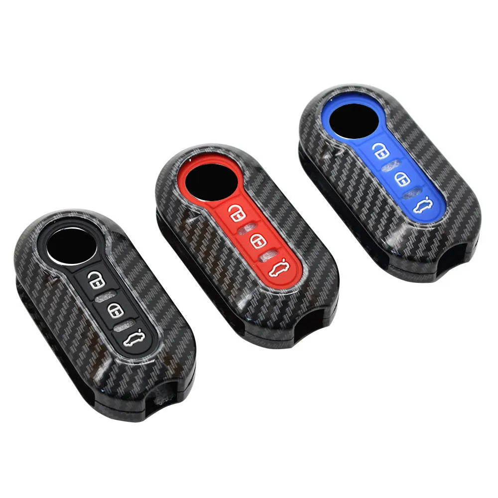 Fiat 500 Boyue Ottimo Viaggio carbon fibre design remote key case in black, red, and dark blue colours.