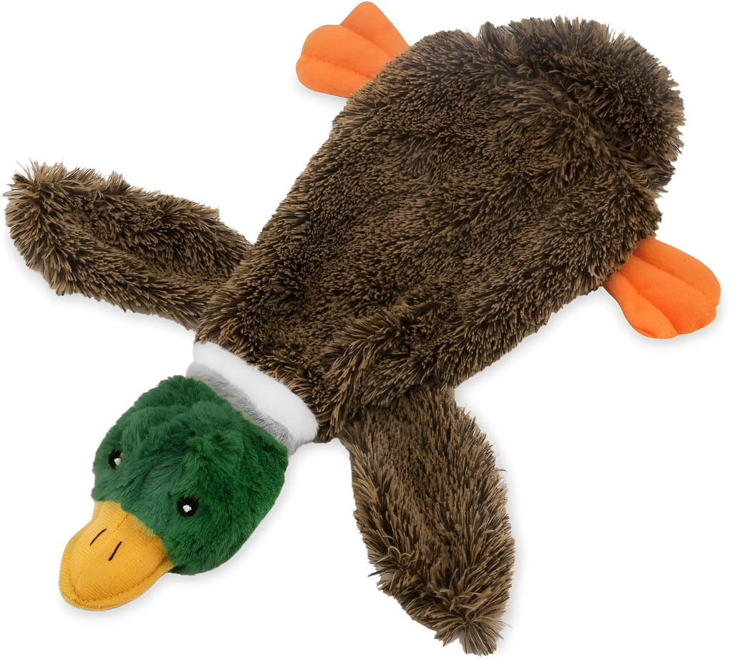 Wild Duck 2-in-1 stuffless dog toy with soft plush fabric and protected squeakers