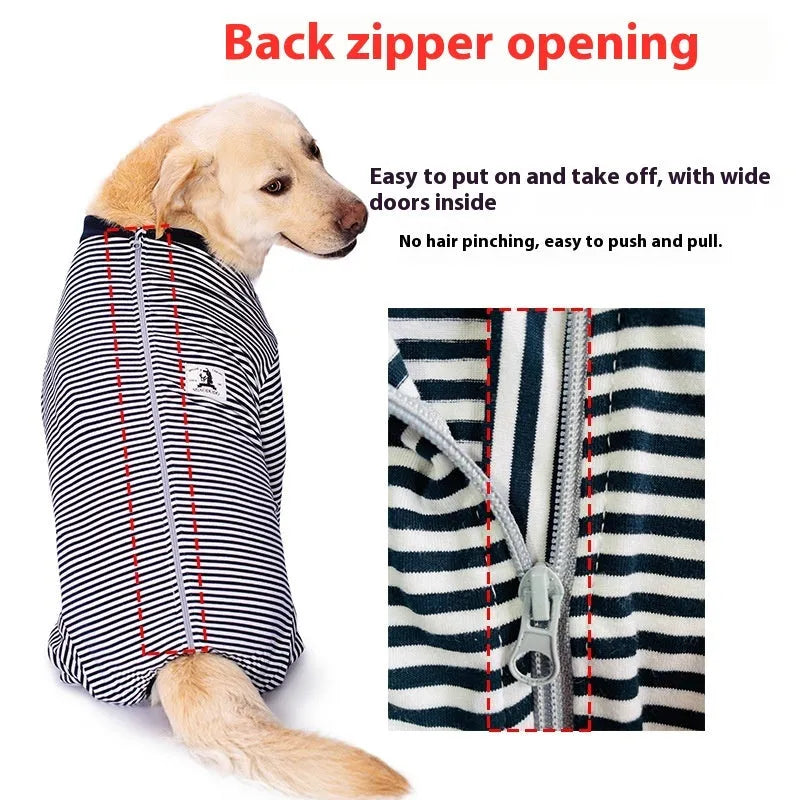 A striped polyester dog shirt for large breeds, shown in a sky blue colour with a four-legged design.