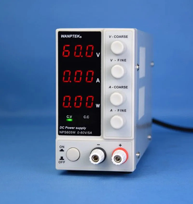 White NPS605W adjustable DC lab power supply with digital display for electronic device repair.