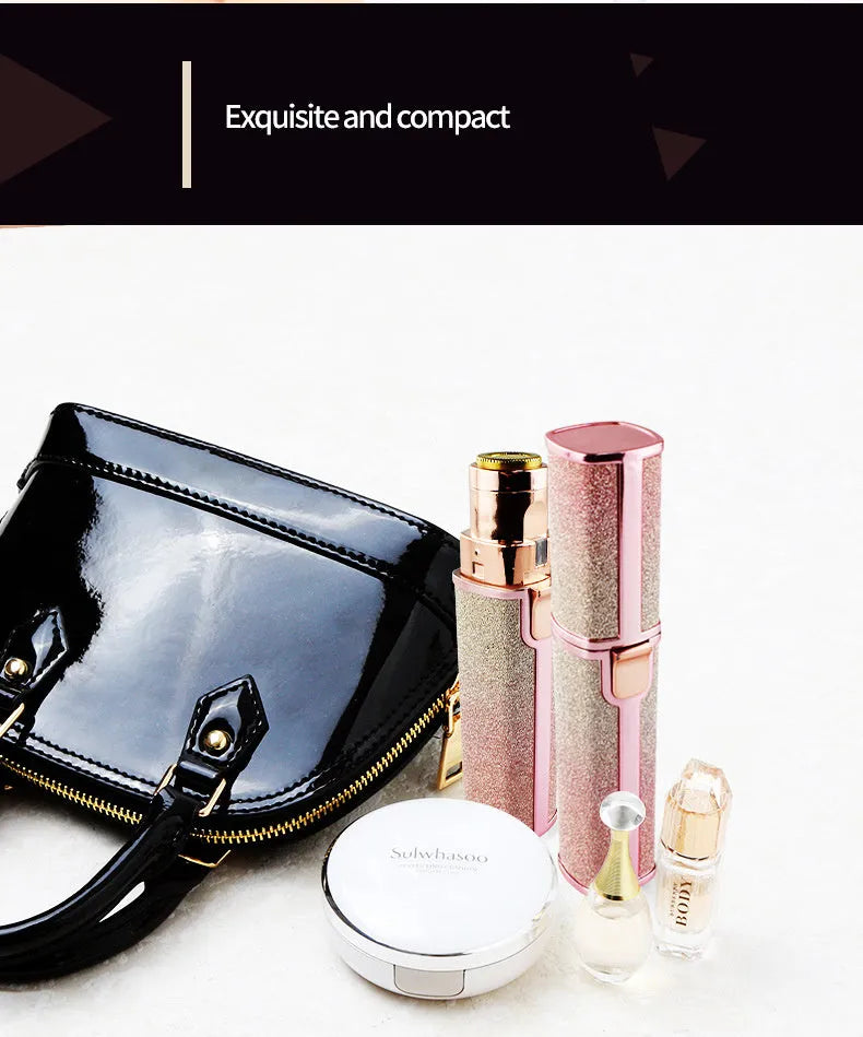 Lipstick shape electric eyebrow trimmer with gold plated head in Rainbow or Starry Sky colour, 2.5 x 2.5 x 12.5 cm.