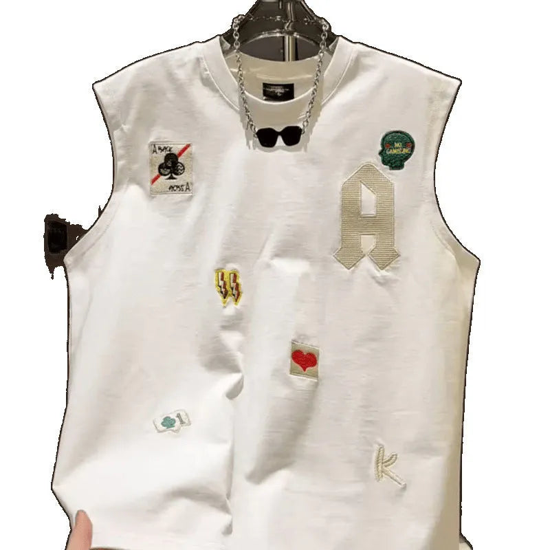Men's white cotton sleeveless vest with a cartoon graphic print, shown on a hanger.