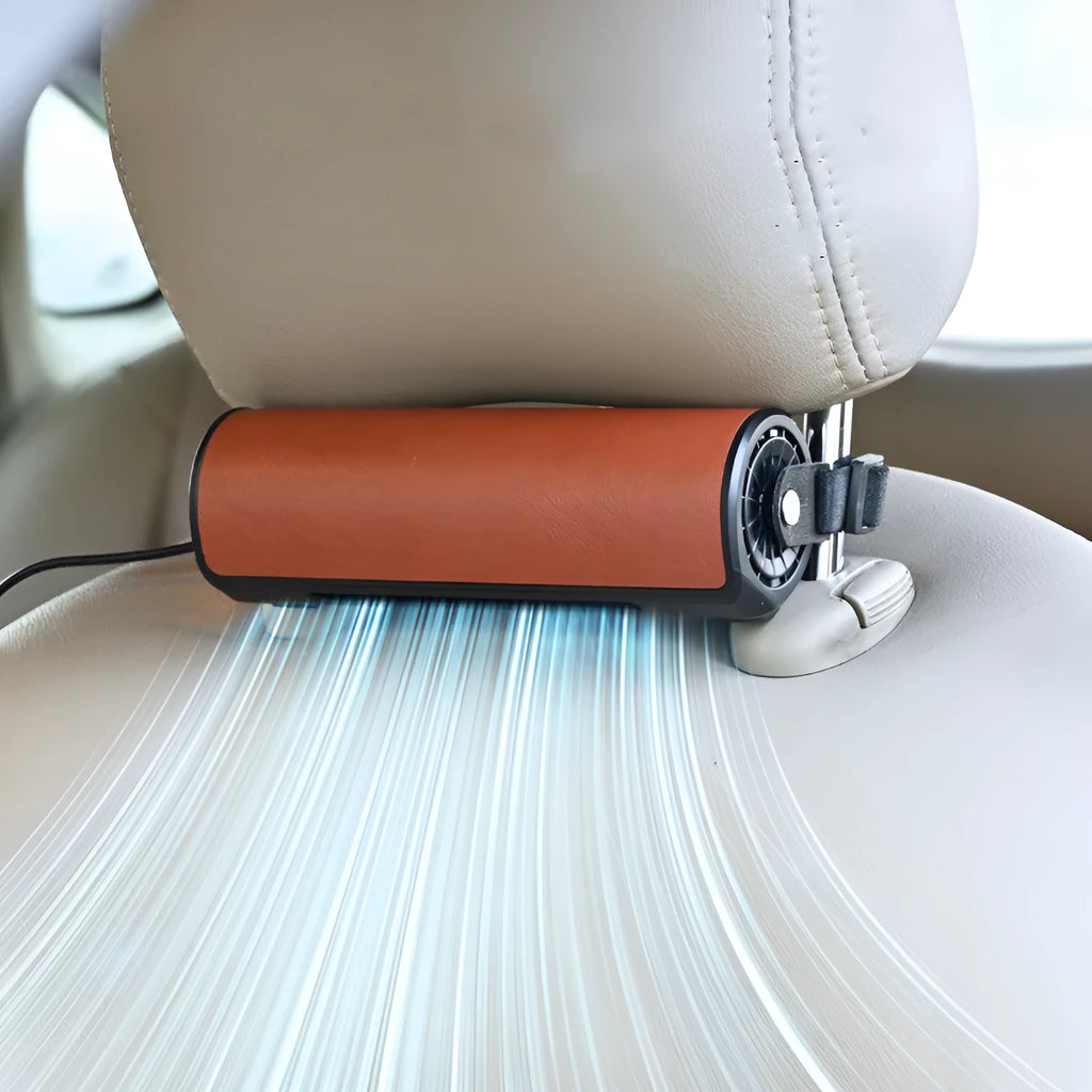 USB car fan for rear seats in black, brown, or red with a long cable on a car headrest.