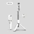 Black Bluetooth selfie stick with tripod legs extended and wireless remote, shown next to a smartphone.