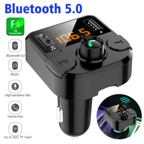 Black ABS car MP3 player Bluetooth FM transmitter with LED display and USB charging port on white background