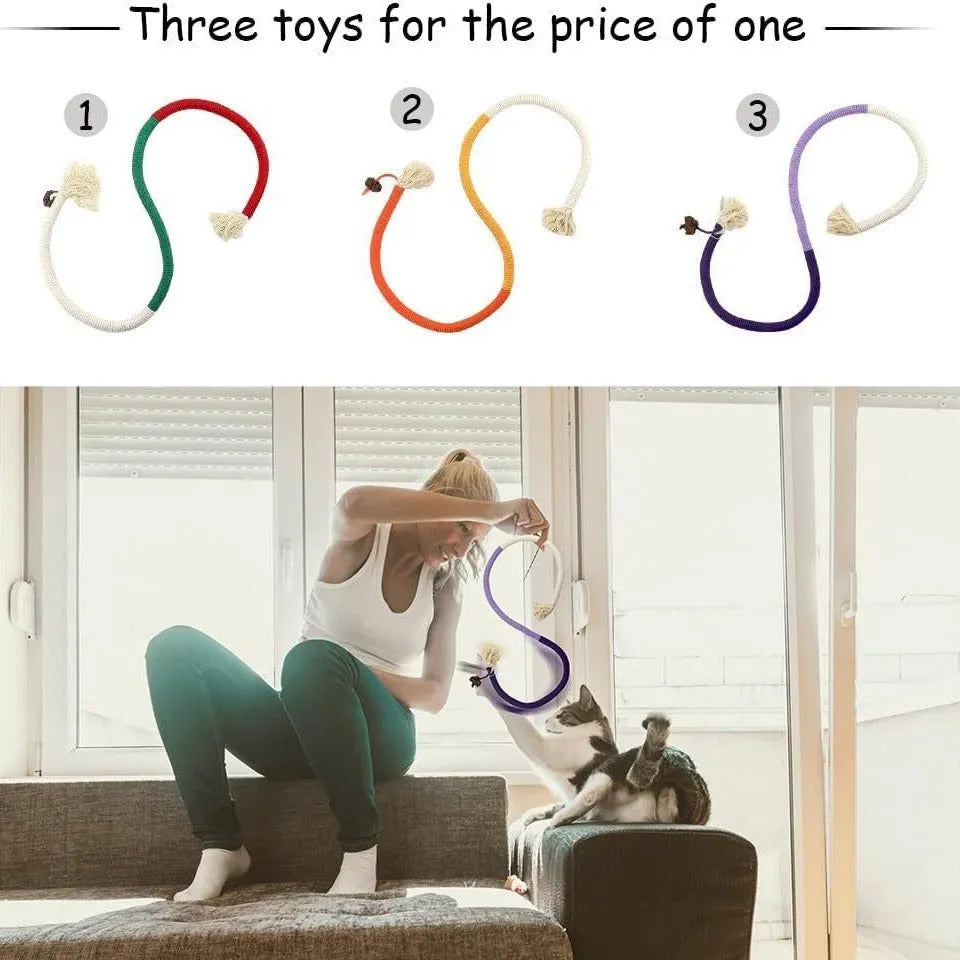 70cm cotton string bite rope cat toy in three colour options: purple, orange, and red with green