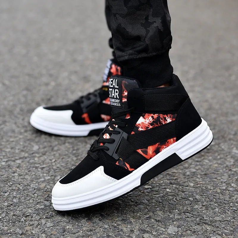Camouflage high-top lace-up shoe with suede leather upper and non-slip rubber outsole, side view
