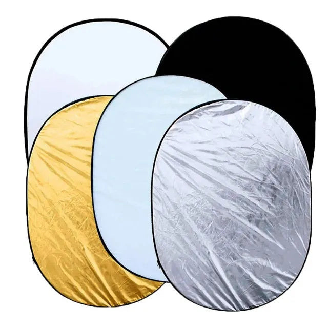 60x90cm collapsible photography reflector showing gold, silver, white, black, and translucent surfaces with carrying bag