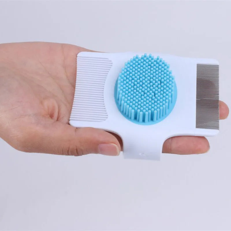 Blue multifunctional pet grooming comb with four tool heads for hair removal and massage