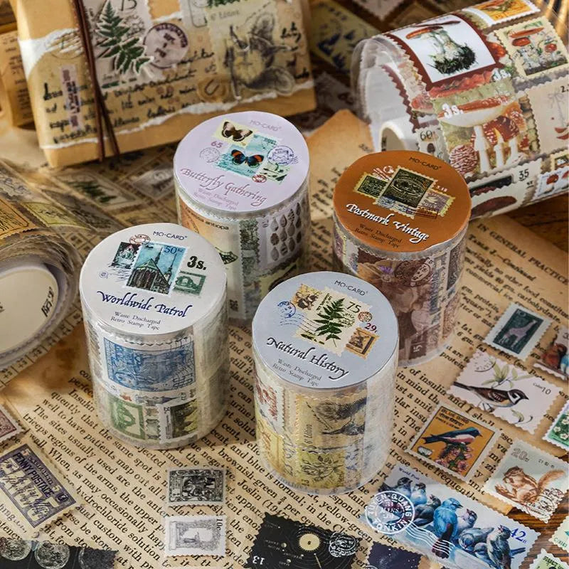 Roll of 55mm wide retro-themed coated paper stamp stickers showing butterfly, forest, bird, and mushroom designs.