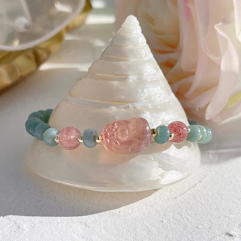 Gourd peace buckle jade bead bracelet for women in four colour options including Hetian jade and strawberry quartz