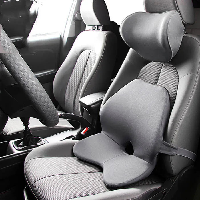 Car waist cushion with memory cotton filling for lumbar support, shown in beige colour