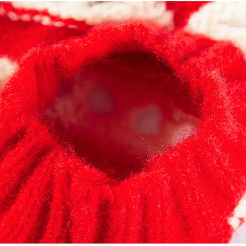 Red knitted cherry pet sweater with white stripes and 3D cherry embroidery for small dogs and cats