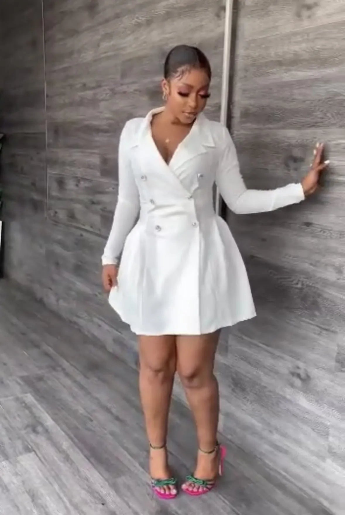 White lapel long sleeve pencil suit dress with button front and mid waist, polyester fibre, shown front view