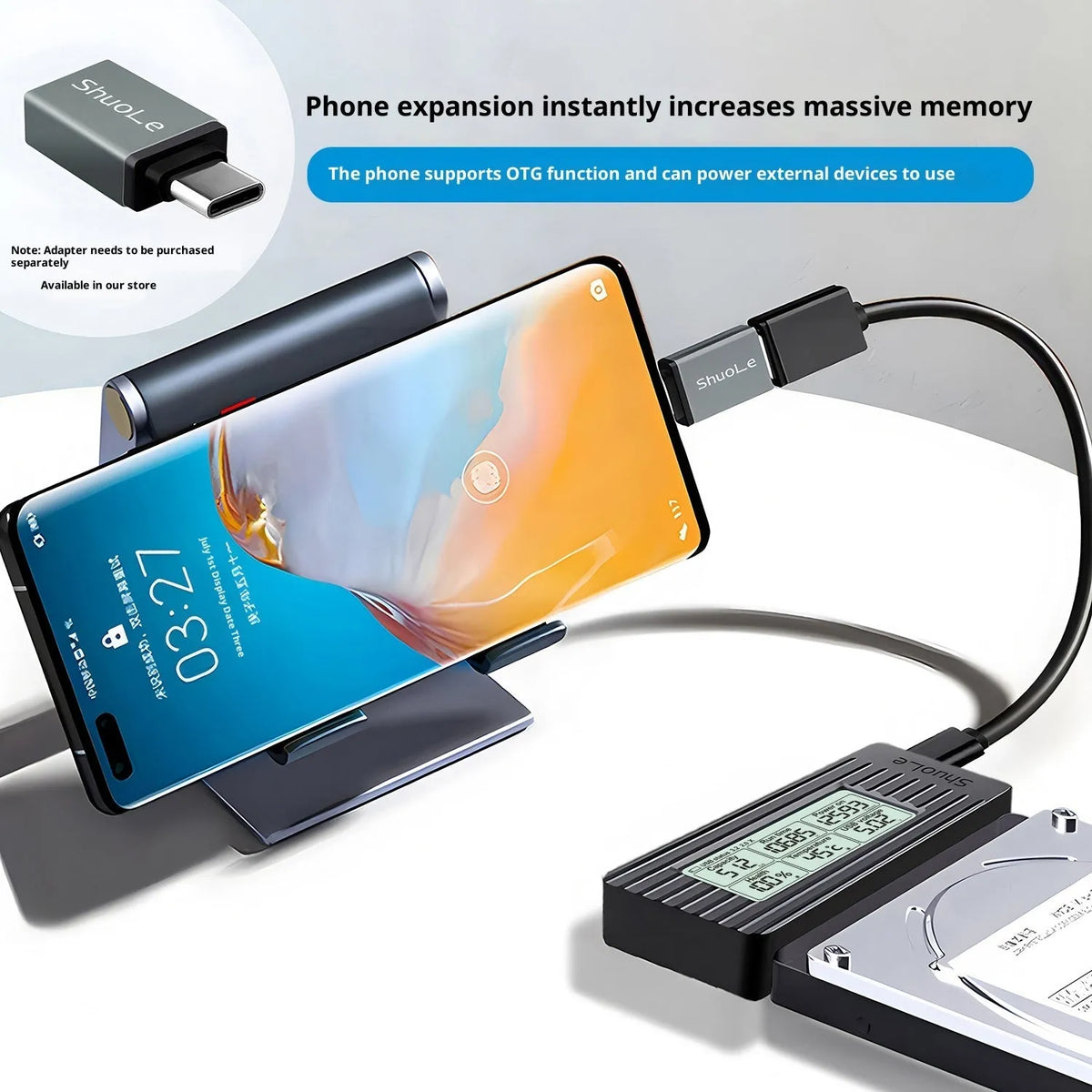 USB 3.2 to SATA adapter cable for 2.5 and 3.5 inch hard drives with ABS housing and data cable