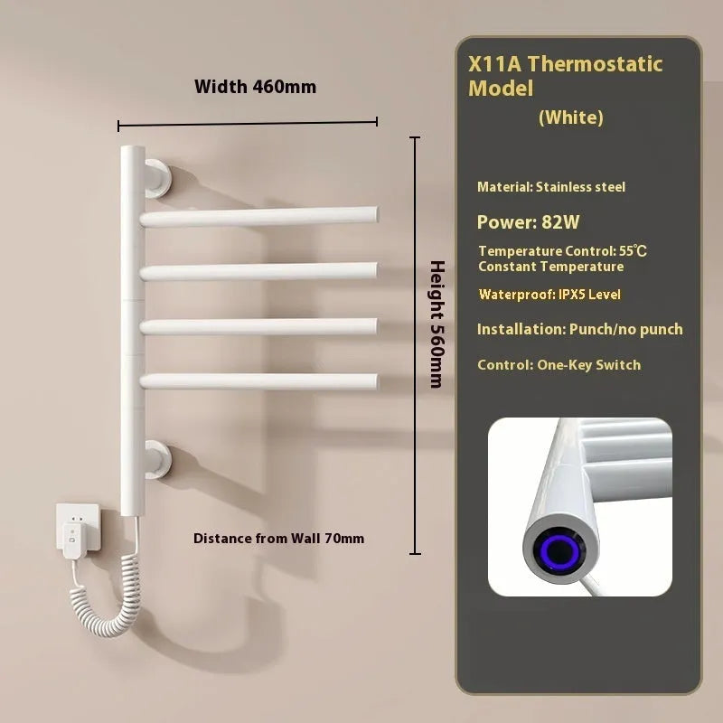 5-layer stainless steel electric towel rack in black with punch-free mounting and WiFi control
