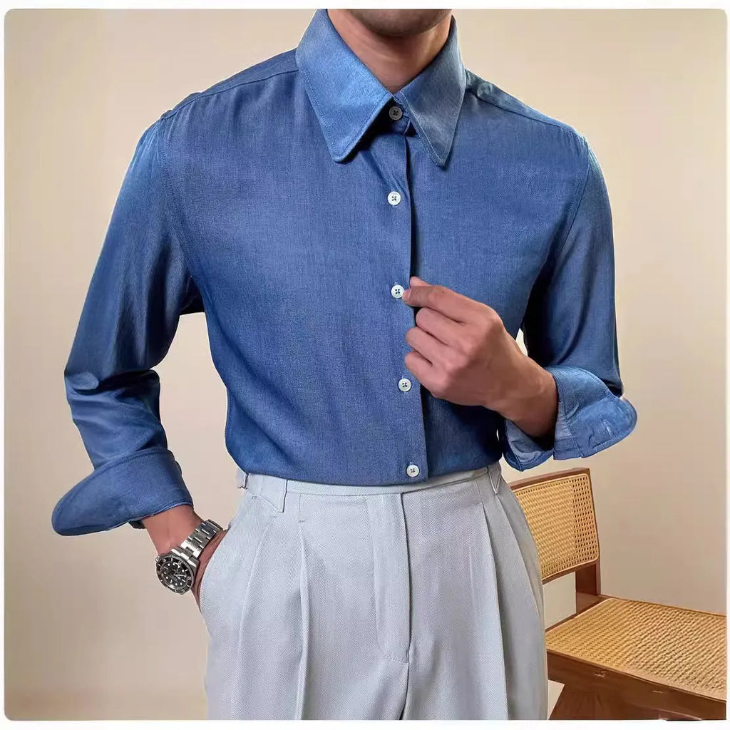 Men's slim fit long sleeve shirt with round collar in sky blue and denim blue colour options