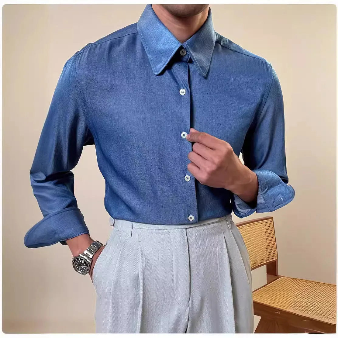 Men's slim fit long sleeve shirt with round collar in sky blue and denim blue colour options