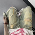Retro yellow men's cargo shorts with ripstop denim, five pockets, and button fly closure