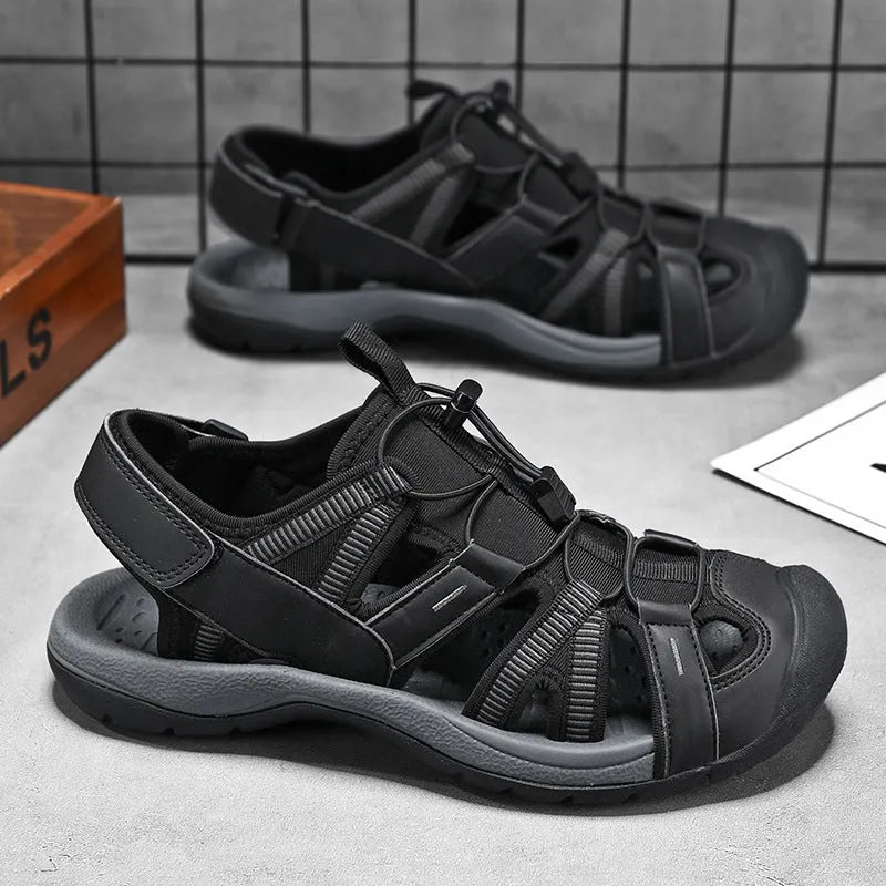 Men's blue summer casual sports shoes with Velcro strap and mesh upper on a rubber sole.