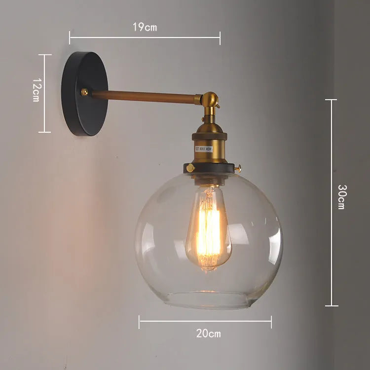 20cm retro spherical glass wall lamp with aluminium holder in transparent, amber, or smoky grey