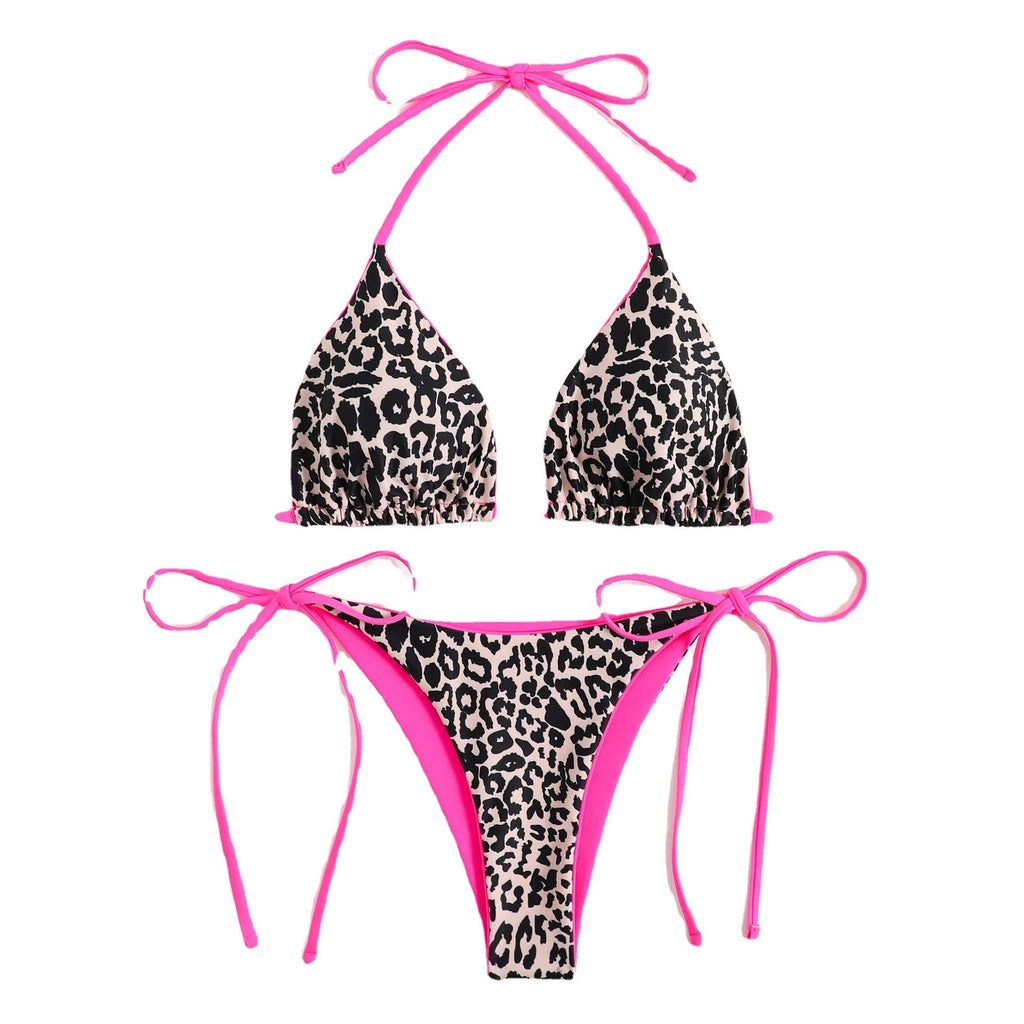 Women's lace-up triangle bikini set with split bottom in polyester fabric