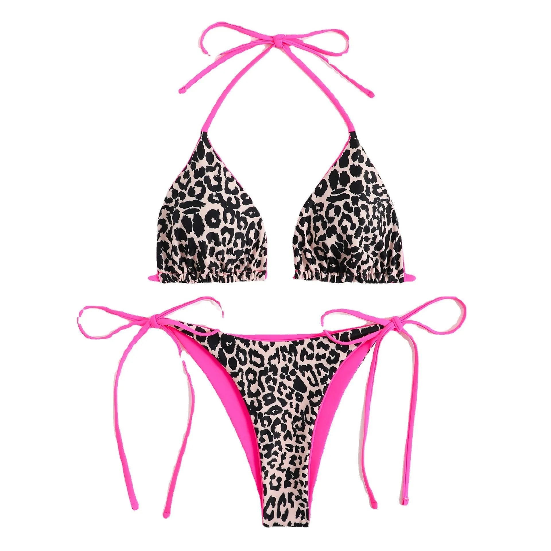 Women's lace-up triangle bikini set with split bottom in polyester fabric