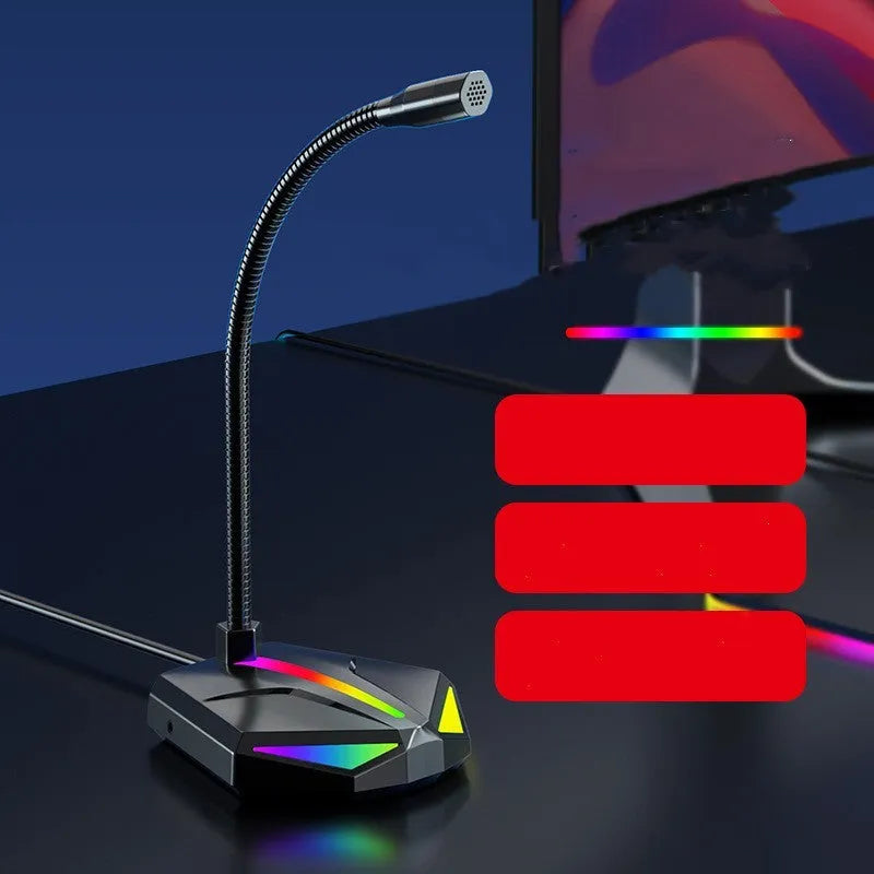 USB gaming microphone with moving coil and stand on a desk for computer voice chat