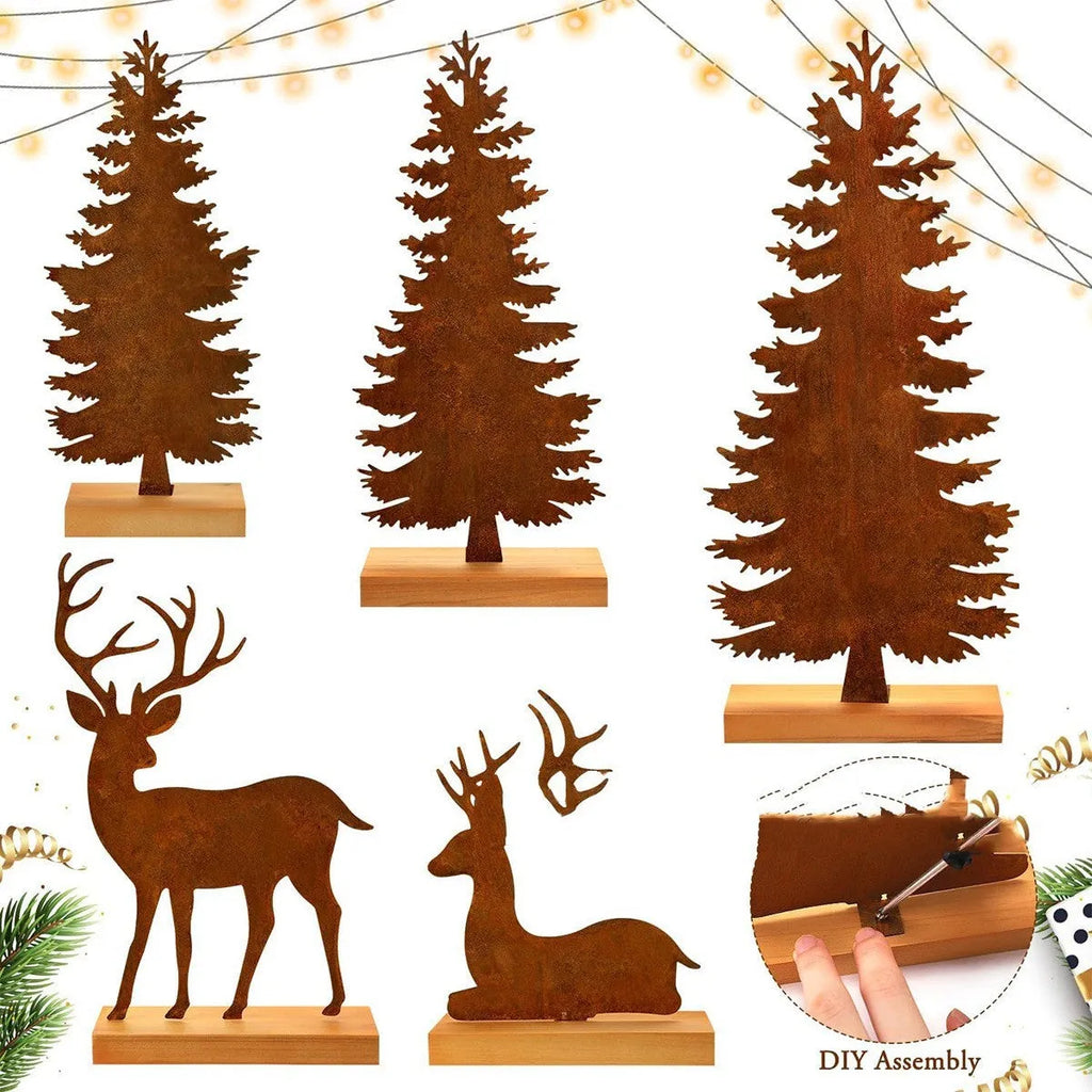 Set of three rustic metal Christmas decorations featuring elk and tree figures