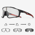 Close-up of photochromic cycling goggles with TR90 frame and semi-rimless design on a handlebar.