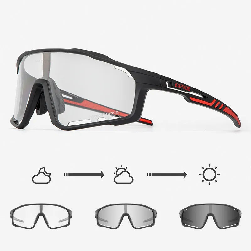 Close-up of photochromic cycling goggles with TR90 frame and semi-rimless design on a handlebar.
