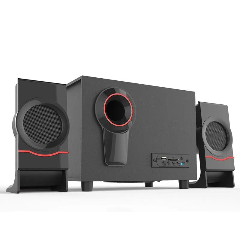 Wooden 2.1 multimedia speaker with USB power, bass boost, knob control, and Bluetooth version colour option.