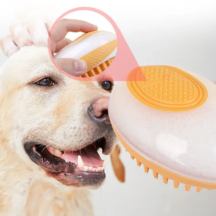 2-in-1 dog cat bath brush with soft silicone bristles and non-slip grip in pink