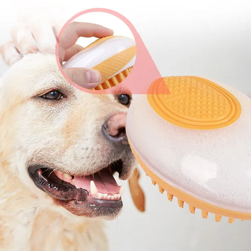 2-in-1 dog cat bath brush with soft silicone bristles and non-slip grip in pink