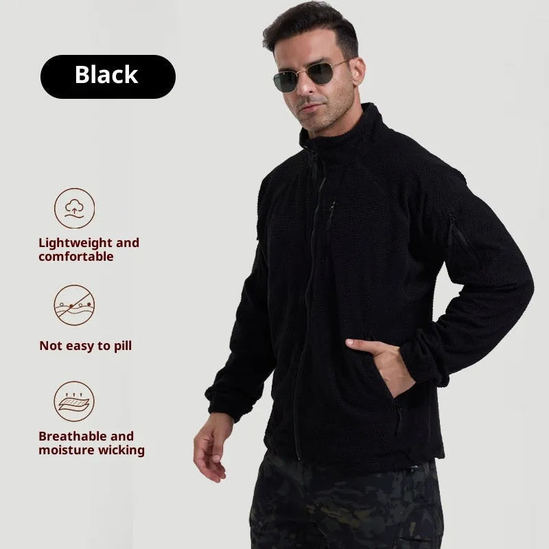 Solid colour polar fleece cycling jacket shell coat for men and women, black option, front view