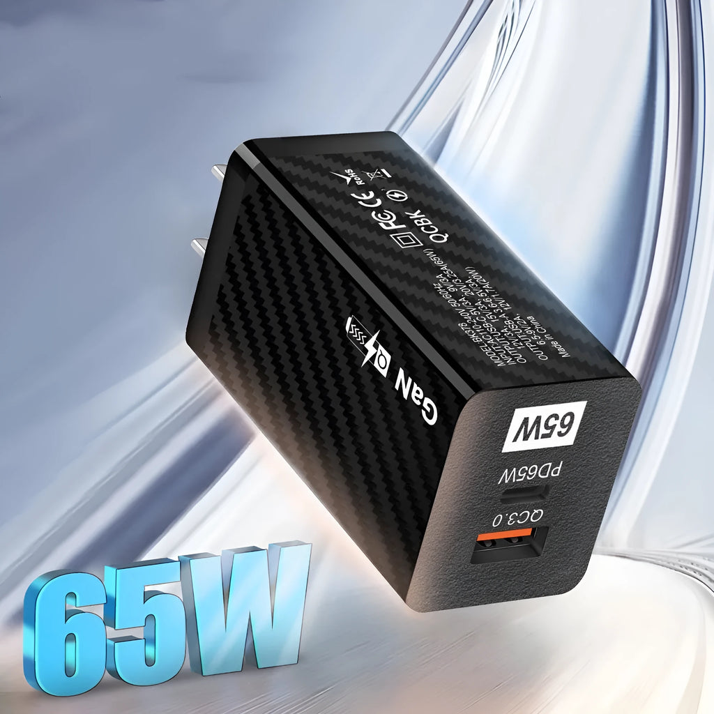 65W GaN laptop charger in white or black colour with compact 38x35mm dimensions