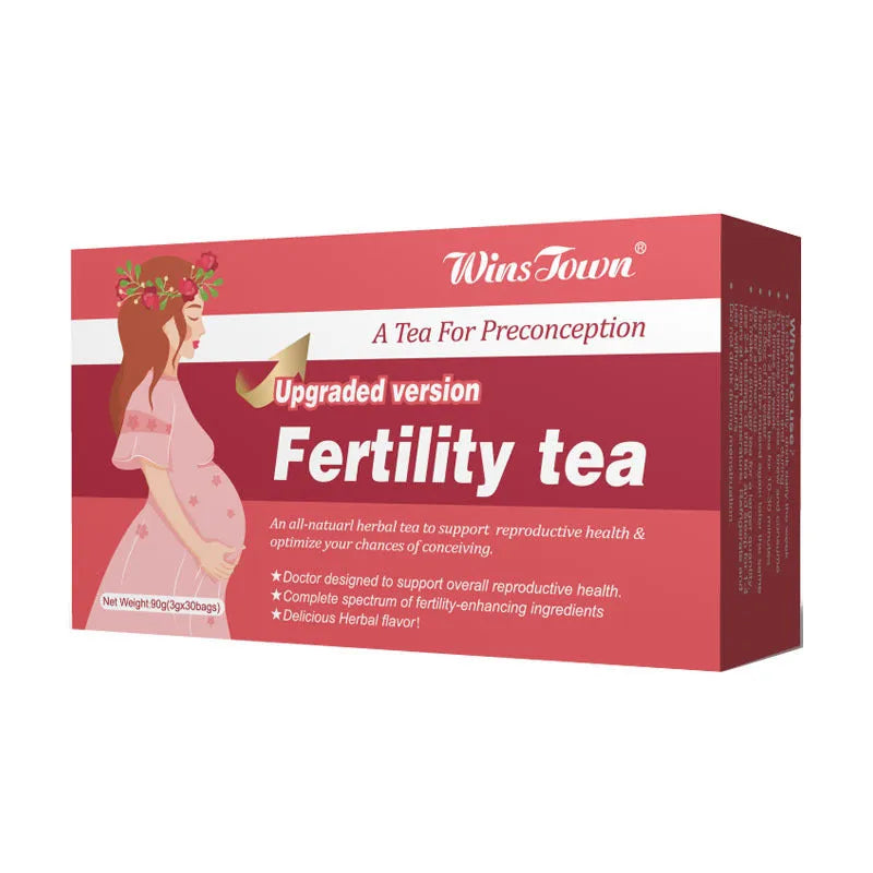 Box of fertility tea containing three packs of thirty herbal tea bags for women's reproductive health support.