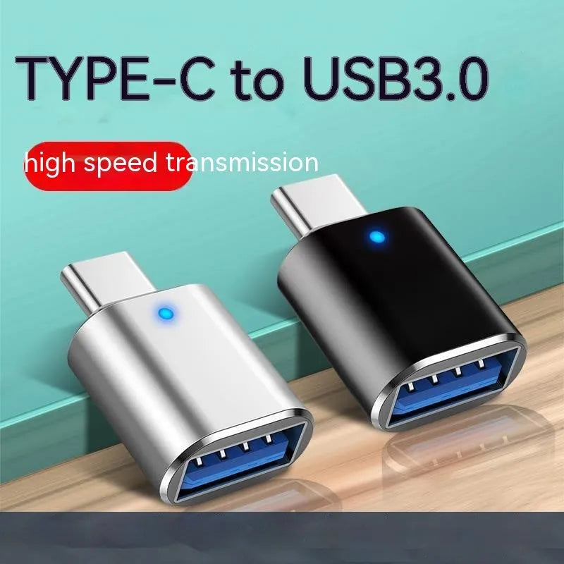 Type-C to USB 3.0 OTG adapter with indicator light showing connected to a phone and a mouse