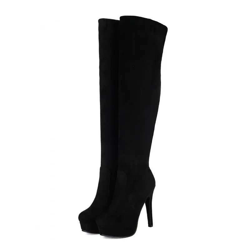Women's suede over-the-knee high-heel riding boots in solid colour with side zipper and elastic foldable upper.