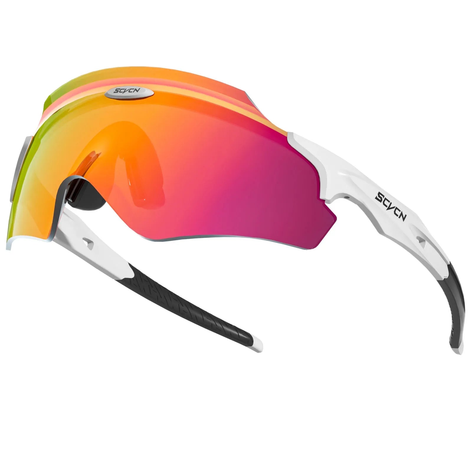 Frameless windproof sports goggles with a colourful single lens for athletic use.
